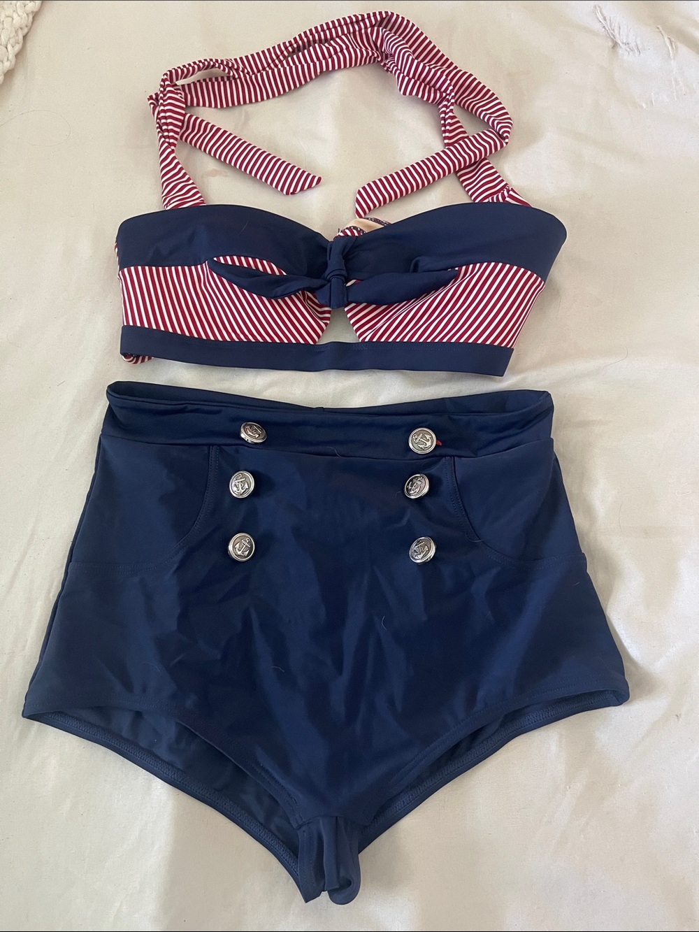 Navy & Red Striped High-Waist Bikini Set
